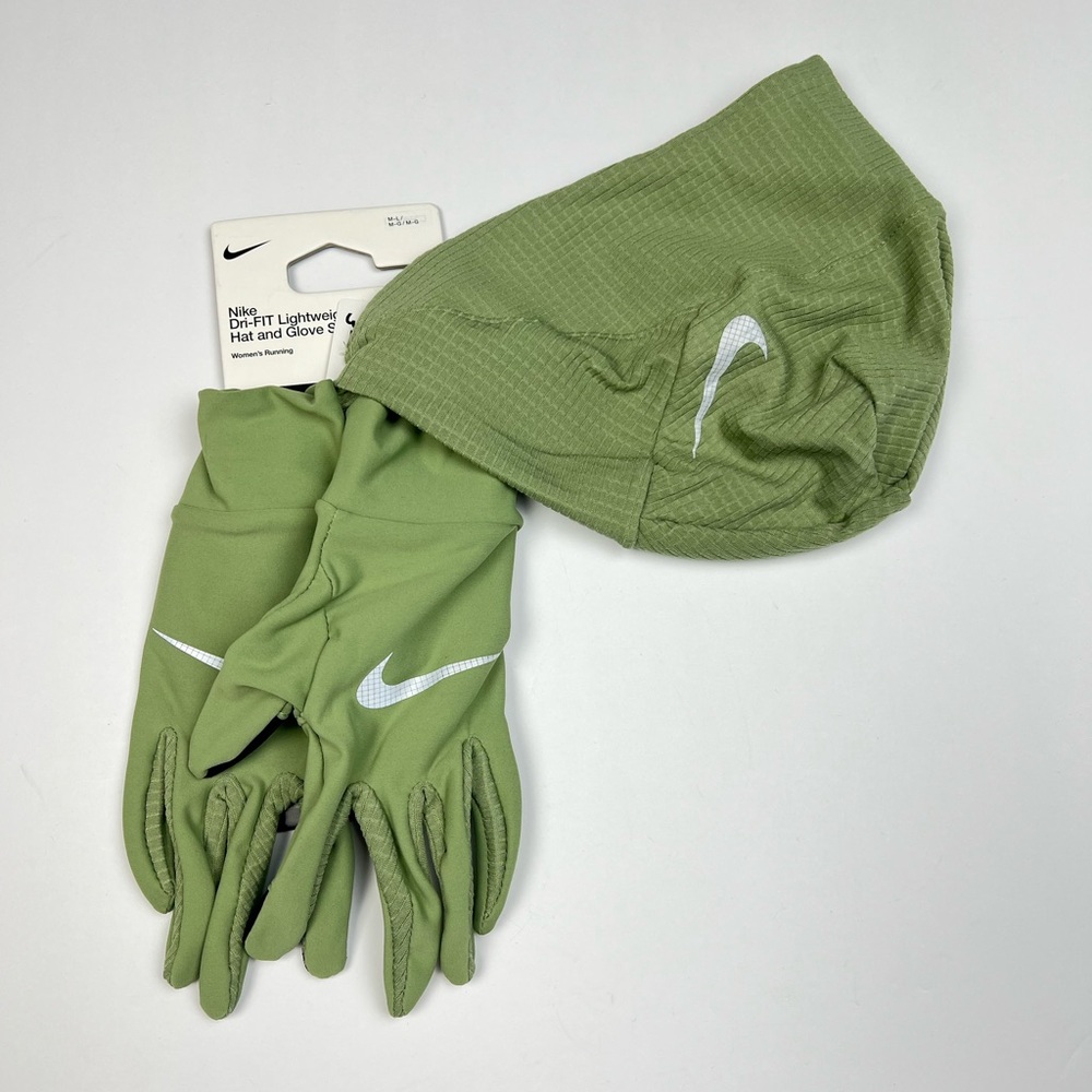 Nike Hat and Gloves Set Running Drift LightWeight Fleece Women Sz M/L Oil Green